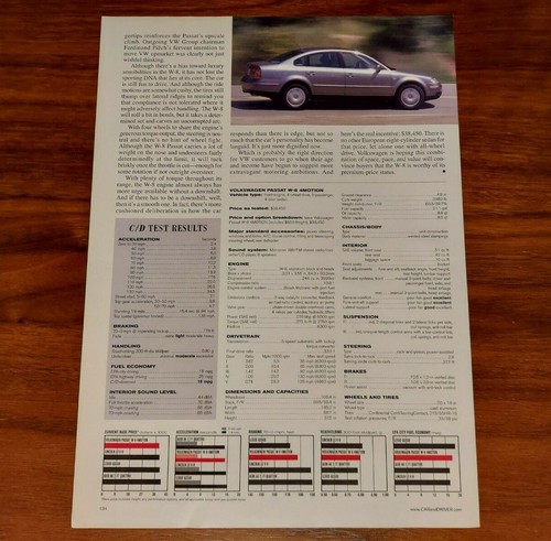 VOLKSWAGEN PASSAT W-8 4MOTION MAGAZINE PRINT ARTICLE CAR AND DRIVER ROAD TEST - Picture 3 of 4