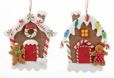 New Christmas GINGERBREAD HOUSE ORNAMENTS 2 Assorted Clay 4" x 4.7" Country