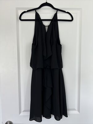 BCBGMAXAZRIA $248 SHADOW BLACK CAYLAN GEORGETTE RUFFLED HALTER DRESS SIZE XS