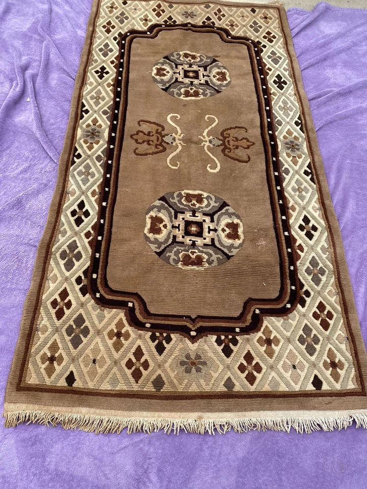 Vtg RUG 70”x35.5” Brown Tan Gray Scrolls - Image 3 of 4