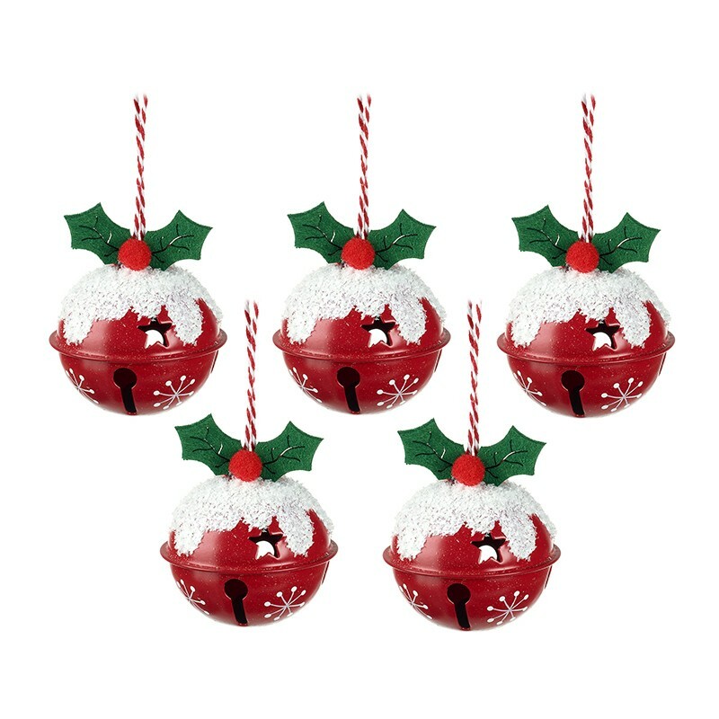 Heaven Sends Set of 5 Christmas Pudding Bell Decorations - Ringing Jingle Bells