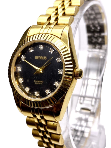 BENRUS VINTAGE LADIES 12 GENUINE DIAMONDS BLACK DIAL GOLD TONE BRACELET ~ RARE! - Picture 5 of 15