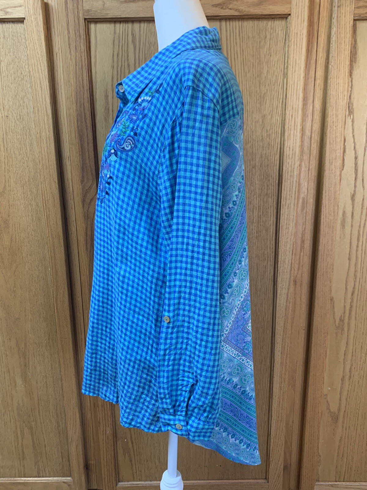 Multiples Women’s Popover Linen Top Tunic Sz. XL X-LARGE Mixed Media Blue Plaid