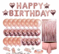 Rose Gold Birthday Party Balloon Decoration Set Table Cover, Curtain & Confetti