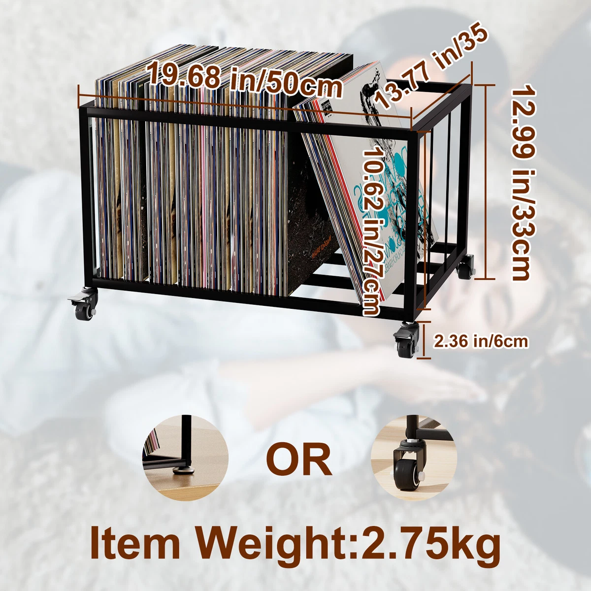 Metal Vinyl Record Storage Crate with Wheels Albums Rack CDs Holder Organizer