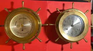 SETH THOMAS BRASS MARINE CLOCK AND BAROMETEr, BOTH IN GOOD WORKING ORDER .