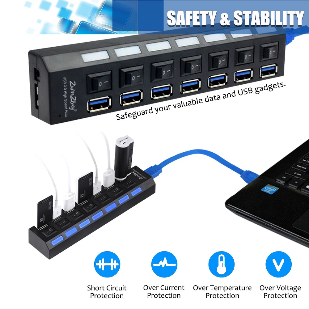 7-Port USB 3.0 Hub with Individual Switches - Portable Splitter Expander