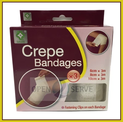 A&E Crepe Bandages with Fastening Clips - Pack of 3 Sizes - 6/8/10cm x 3m