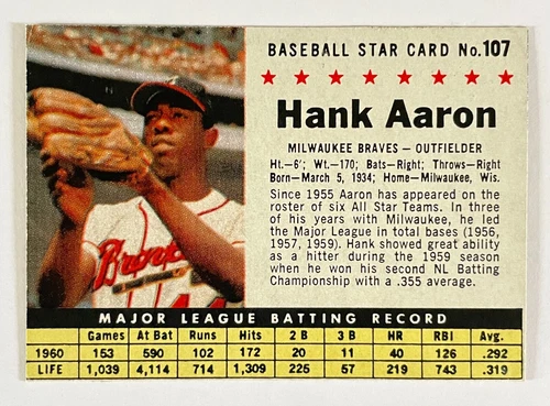 1961 Post Cereal Hand Cut HANK AARON Card #107 Milwaukee Braves Henry