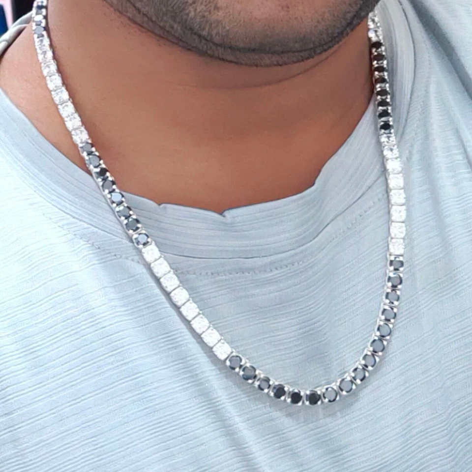 Collar de diamantes naturales en blanco y negro certificado de 5 mm plata 925 maciza de 18 pulgadas Foto 4 de 4