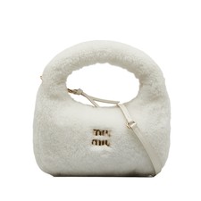 Authenticated Miu Miu Mini Shearling Wander White Fur Natural Material Satchel