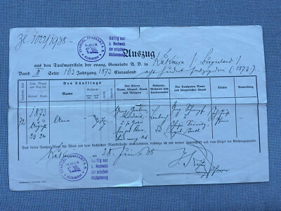 Baptismal certificate German 1873 Handwritten Ink document Swarofsky
