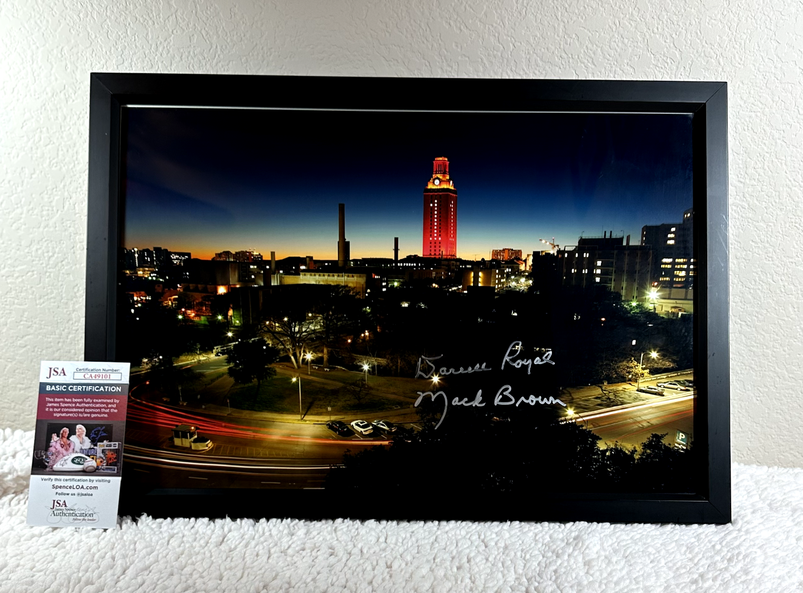 Darrell Royal Autographed Signed Texas Longhorns and Mack Brown UT Tower Longhorns Photograph JSA Cert 