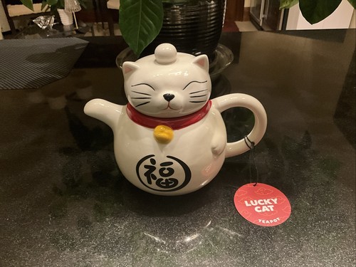 Teapot Maneki Neko Japanese Lucky White Cat Kitten Kawaii 33oz - Picture 2 of 6