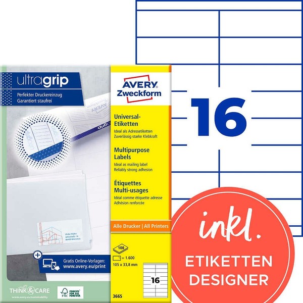 Avery Zweckform Etiketten 3665 Weiß 105,0 X 33,8 Mm, 100 Blatt-image