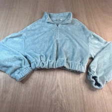 Miss Selfie Fuzzy Crop Pullover Light Teal Half Zip Plush Long Sleeve M