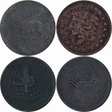 Hard Times Token Lot: Not One Cent, Running Boar, Roman Firmness, Starbuck & Son