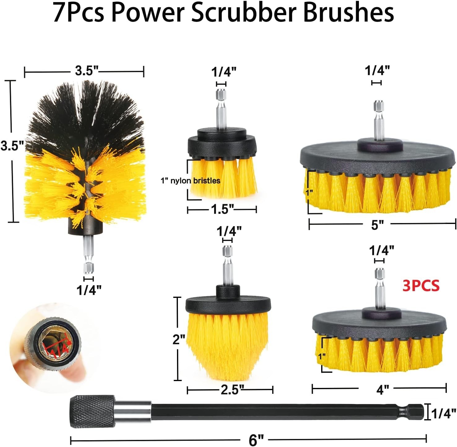 Drill Brush Attachment Set, 7 Pack 1/4In Power Scrubber Brush + Extend Long Atta