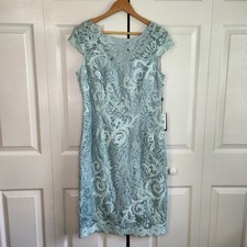 Adrianna Papell Dusty Blue Floral Corded Lace Cap Sleeve Sheath Dress Size 8 NWT