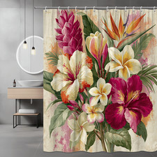 Tropical Floral Shower Curtain, Hibiscus and Plumeria Print