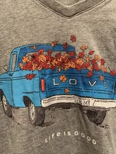 Life Is Good Women’s Large Gray V-Neck Fall Leaves Truck “Love” Long Sleeve T-Sh