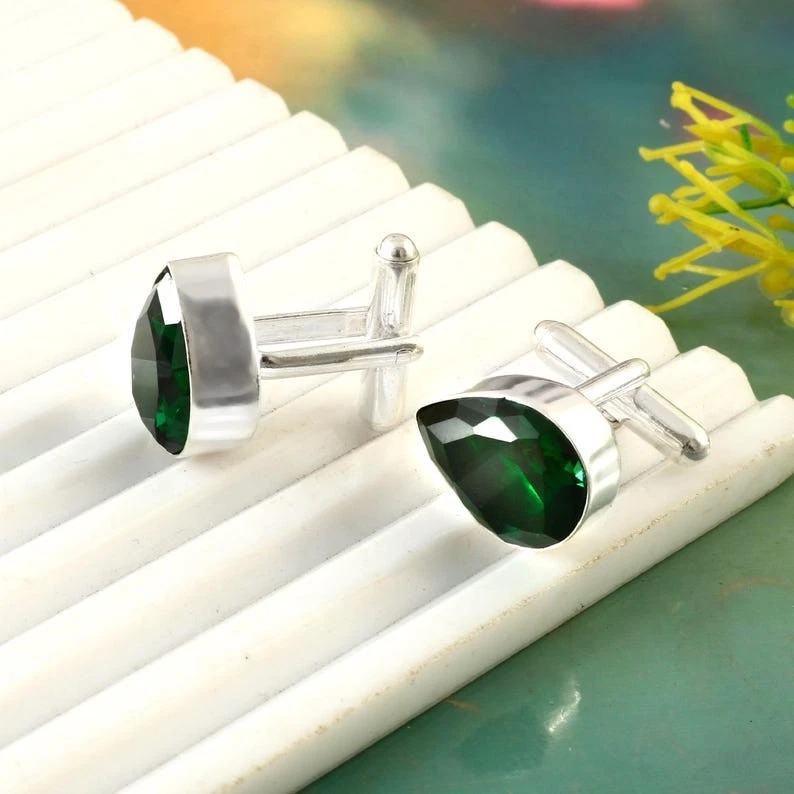 Chrome Diopside Gemstone 925 Sterling Silver Cufflinks  Men And Women Cufflinks - Image 2 of 3