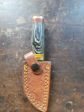 6" Damascus Steel Hunting Skinning Knife Wooden Handle With Leather Sheath