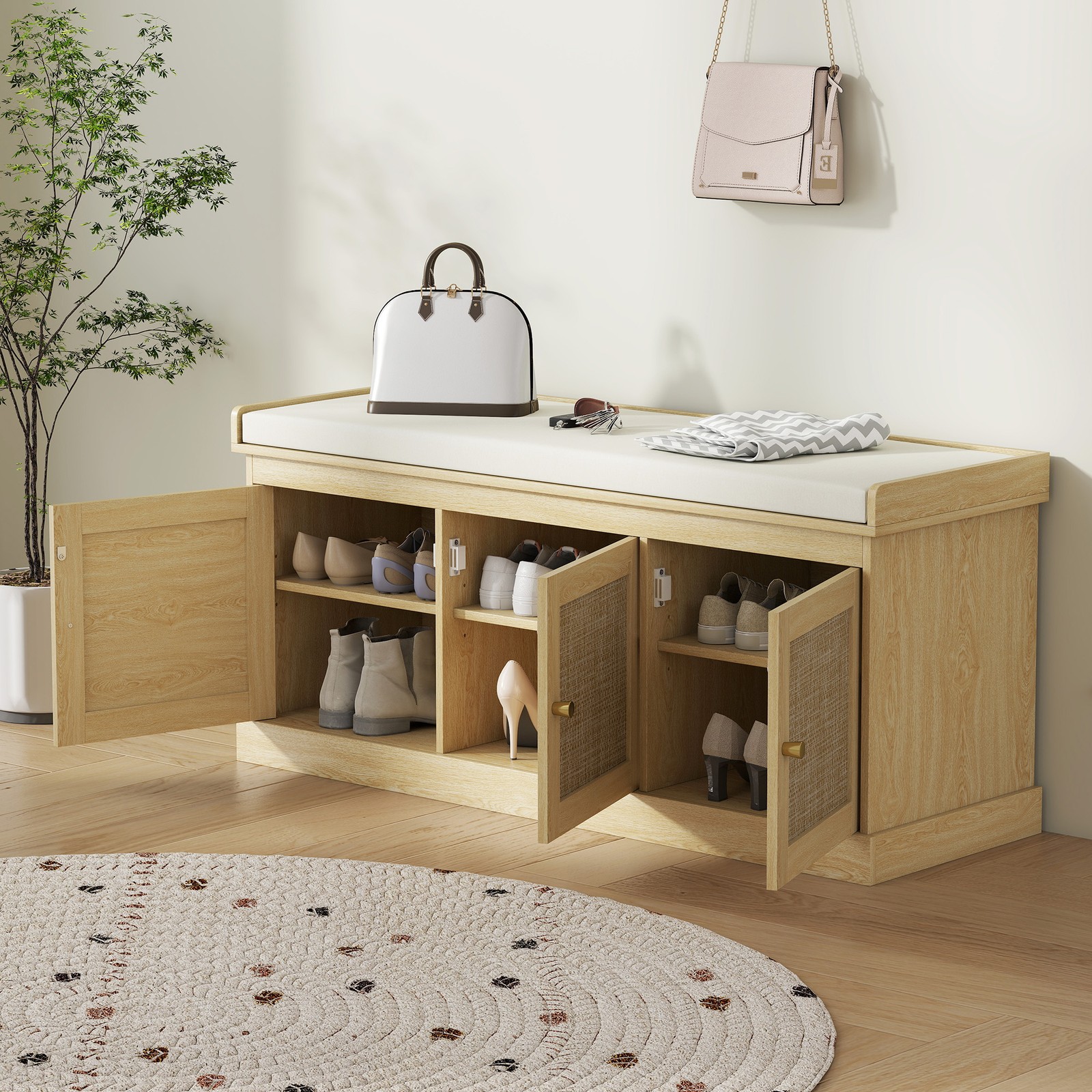 HOMCOM Shoe Bench with Rattan Doors, Cushion, Entryway Shoe Storage, Oak