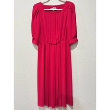Vintage St Gillian Kay Unger Midi Dress Large Pink Pleated Puff Sleeve Classic