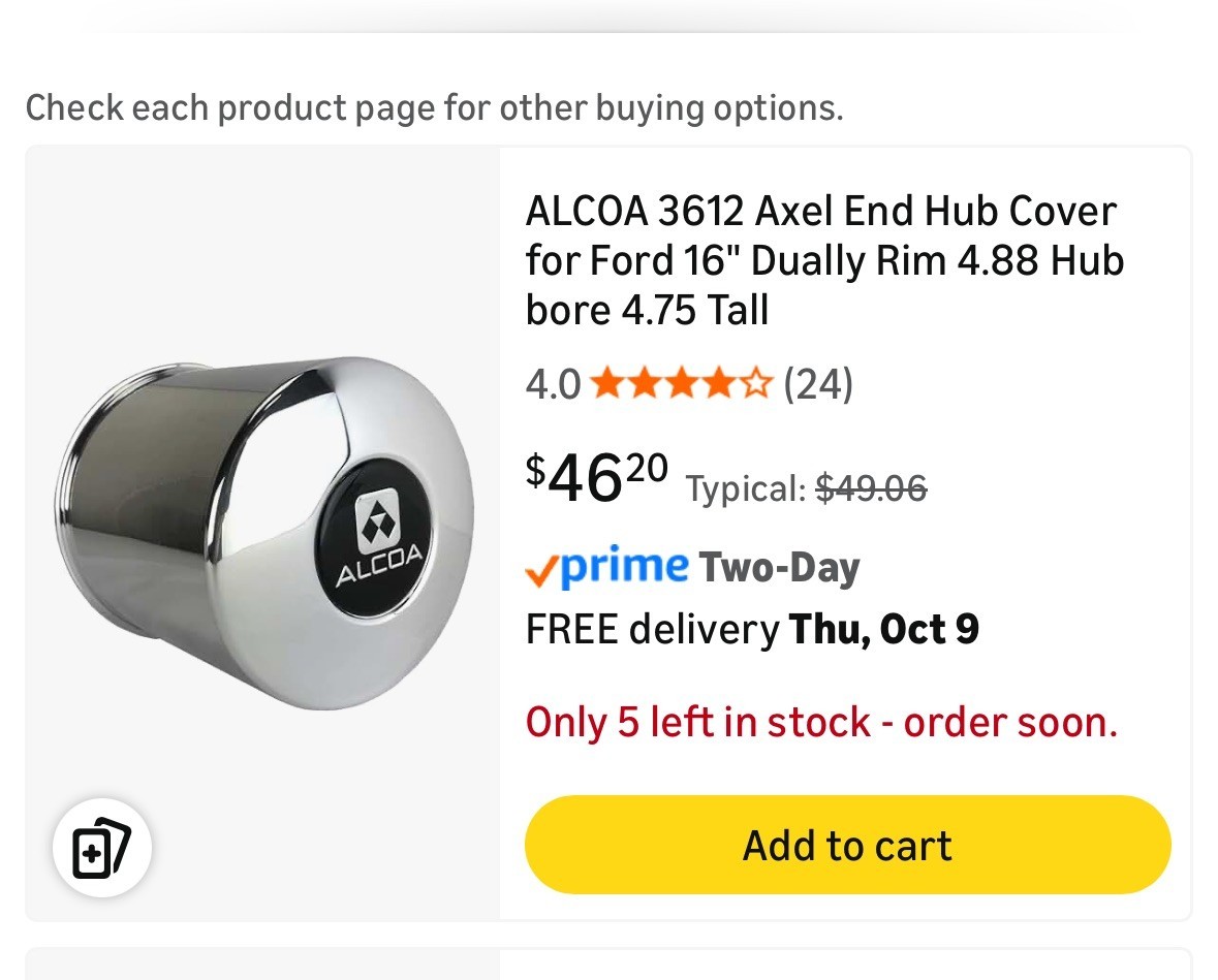 2 ALCOA 3612 Axel End Hub Cover for Ford 16" Dually Rim 4.88 Hub bore 4.75 Tall