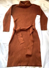 ANRABESS Sweater Dress Womens Size S Rust Ribbed Knit Belted Long Sleeve Orange