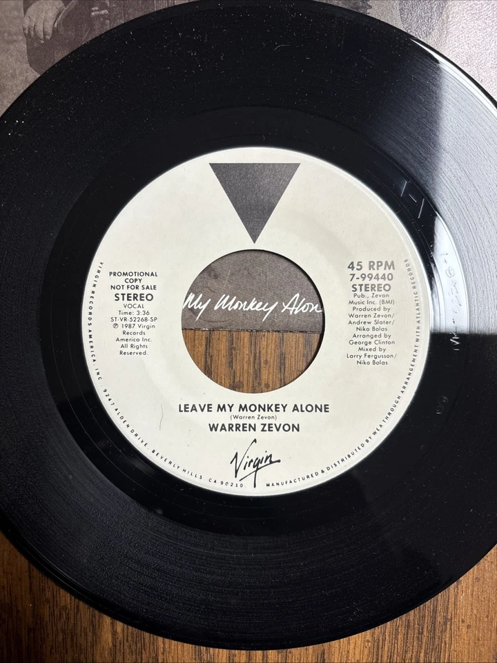 WARREN ZEVON Leave My Monkey Alone 1987 Virgin Vinyl Promo 45 VERY NICE - Image 2 of 4