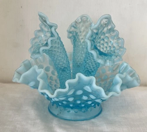 Vintage FENTON Art Glass Blue Opalescent Hobnail 3 Horn Epergne vase