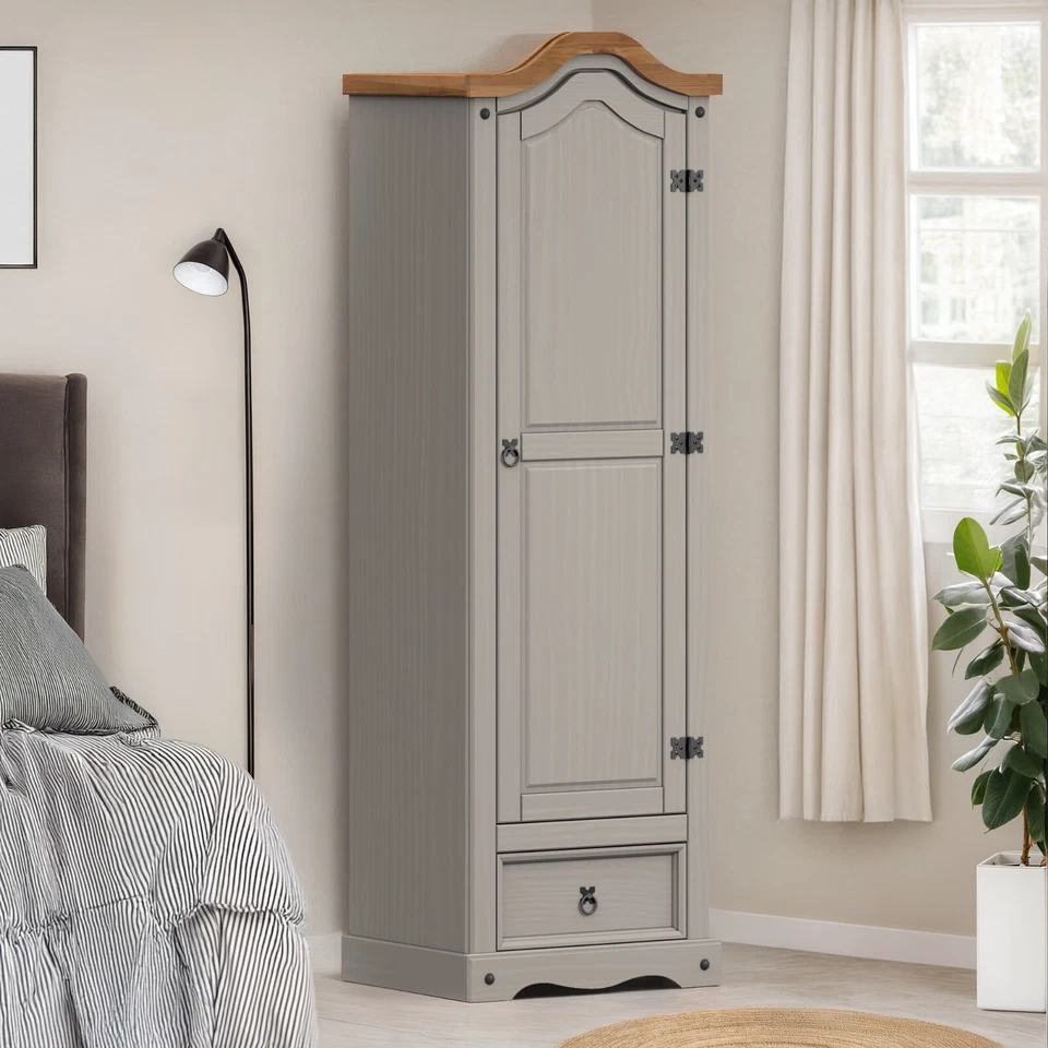 Corona Wardrobe 1 Door 1 Drawer Arch Top Grey Wax Solid Pine Mercers Furniture®