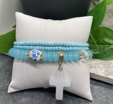 3 PC Handmade Boho Beaded Stackable 7  Plus Stretch Bracelet Set New B2414