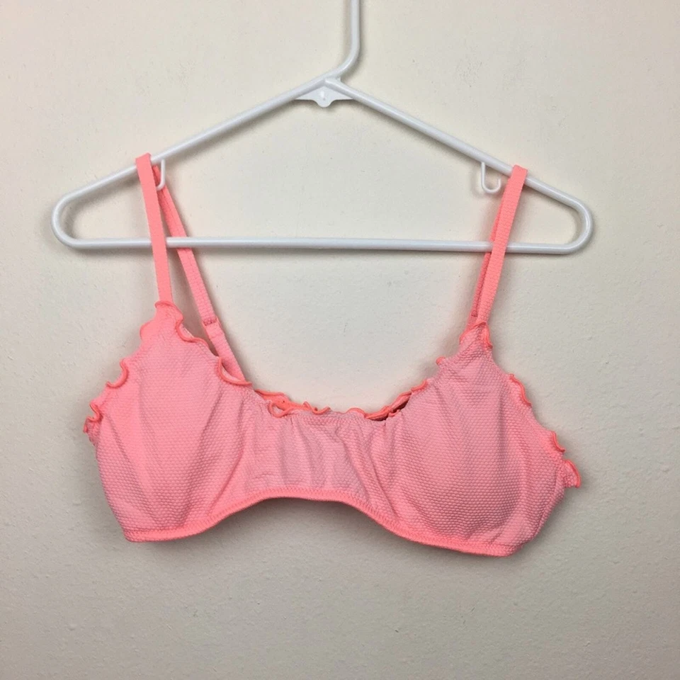 Aerie Pique Ruffle Scoop Swimsuit Bikini Top Size Large Coral Lettuce - Image 3 of 4