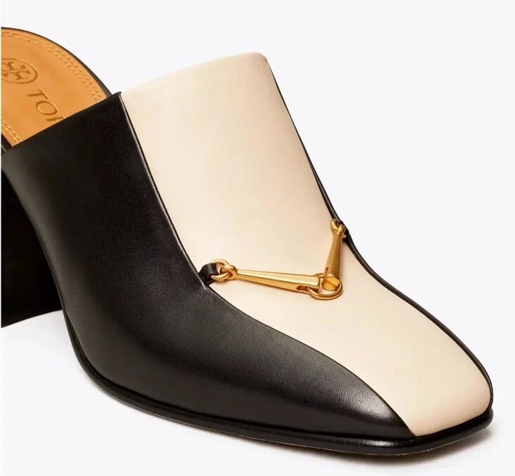 TORY BURCH MULO EQUESTRE MAGLIE 80 MM POMPA PELLE NERO DULCE DE LECHE TAGLIA US 7 5