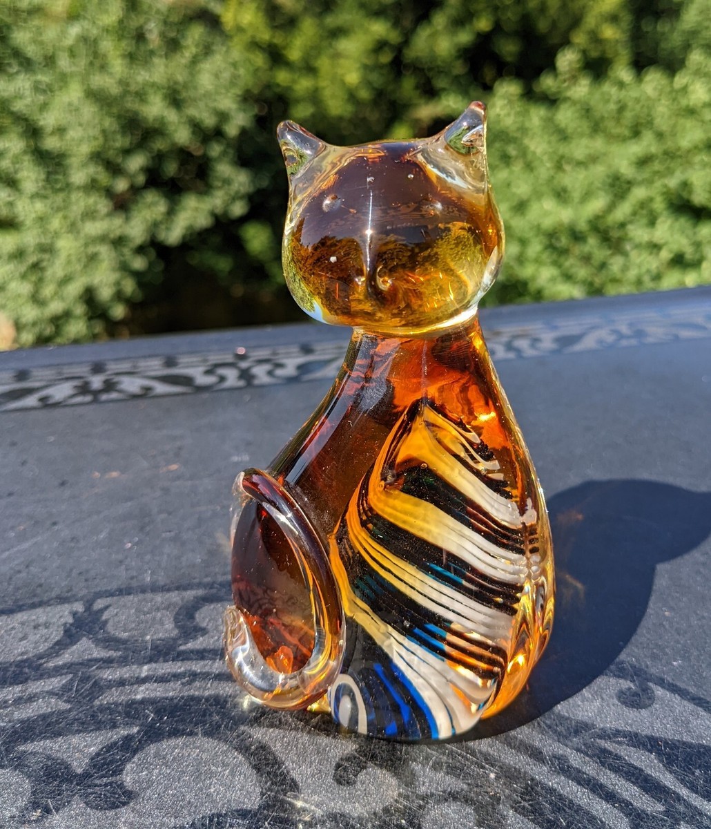 Murano Style Glass Cat Paperweight Amber w/ Blue White Swirl | eBay