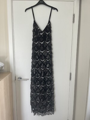 Nasty Gal Black Tassel Sequin Midi Dress Sz 14 BNWT Gatsby