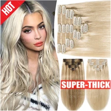 Luxury Thick Clip in Remy Human Hair Extensions Full Head Double Weft Highlight