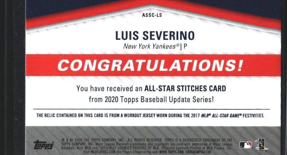 Luis Severino 2020 Topps Update All-Star Stitches Relic Athletics Yankees - Image 2 of 2
