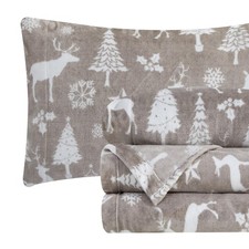 Bed Sheet Set 4 Piece Velvet Flannel Full Silver Reindeer Holiday Elegant Soft