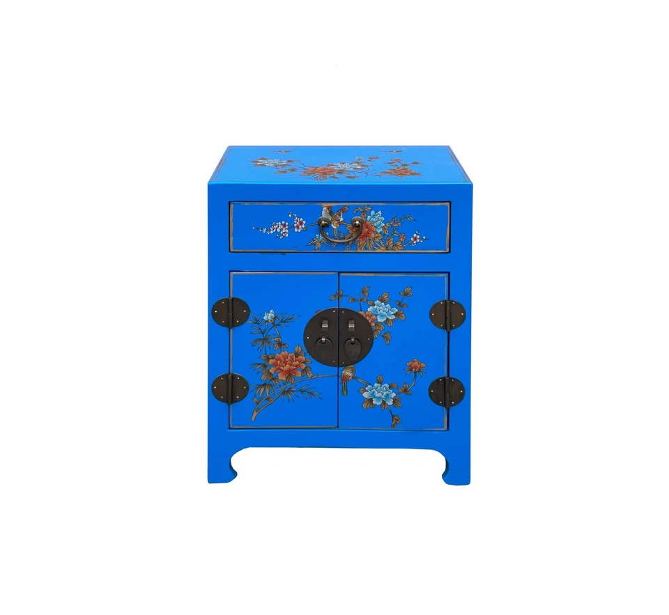 Mesita de noche china de vinilo azul brillante cara de luna flores pájaros GB064 Foto 2 de 4