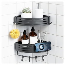 Adhesive Corner Shower Caddy with Hooks, Bathroom Shower Organizer, No Drilli...