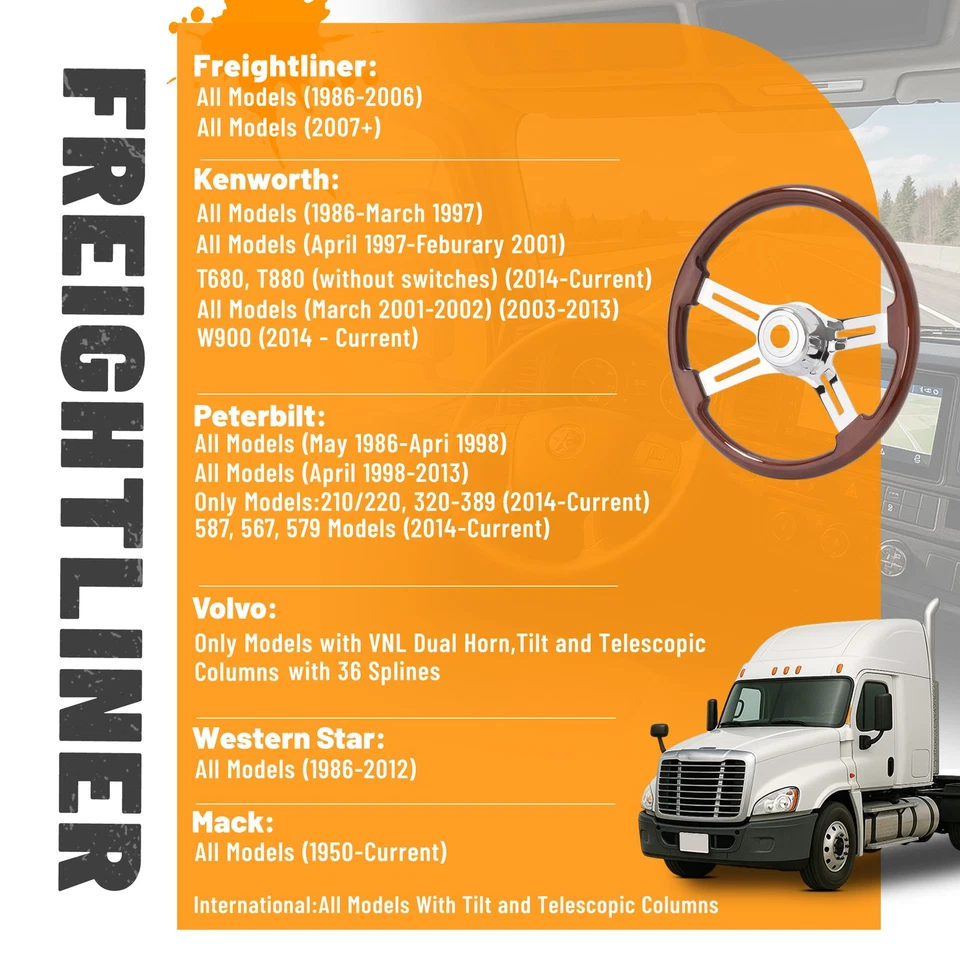 18-дюймовый деревянный руль с 4 спицами для Freightliner/Kenworth/Peterbilt/Volvo - Изображение 3 из 4