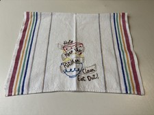 Embroidered Dish Towel Vintage Stripe Dishes Tea Cup Theme