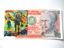 u) J.M.BASQUIAT 50 INTIS BANKNOTE SKIZZIERT, ORIGINAL HANDSIGNIERT, PS 18.1.1988