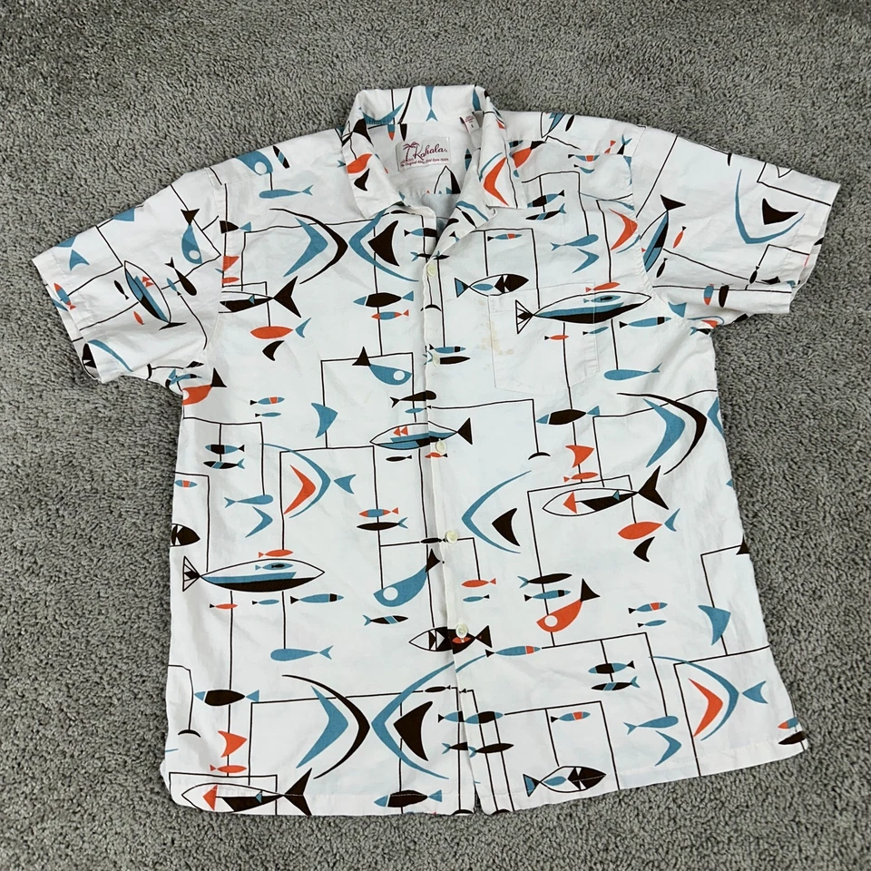 Camisa Kahala Para Hombres Grande Blanca Azul Post Moderna Hawaiana Informal Campamento Abotonada Foto 2 de 4
