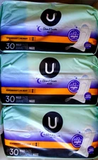 U by Kotex Clean & Secure Overnight Maxi Pads (3 Pack) - 30 Count Each -90 Total
