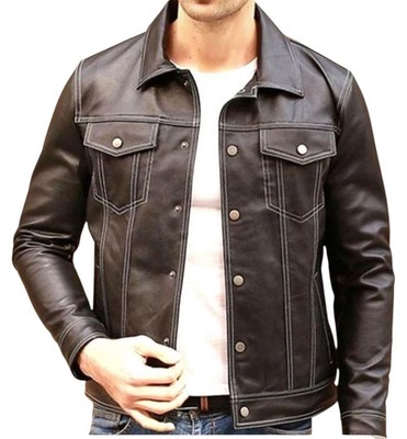 100% Real Leather Trucker Jacket Men's White Stitching Style Bikers Jacket Coat